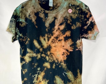 Jugend M (10-12) Schwarzes handgefärbtes Tie Dye Gildan T-Shirt, Blau/Orange/Gelb