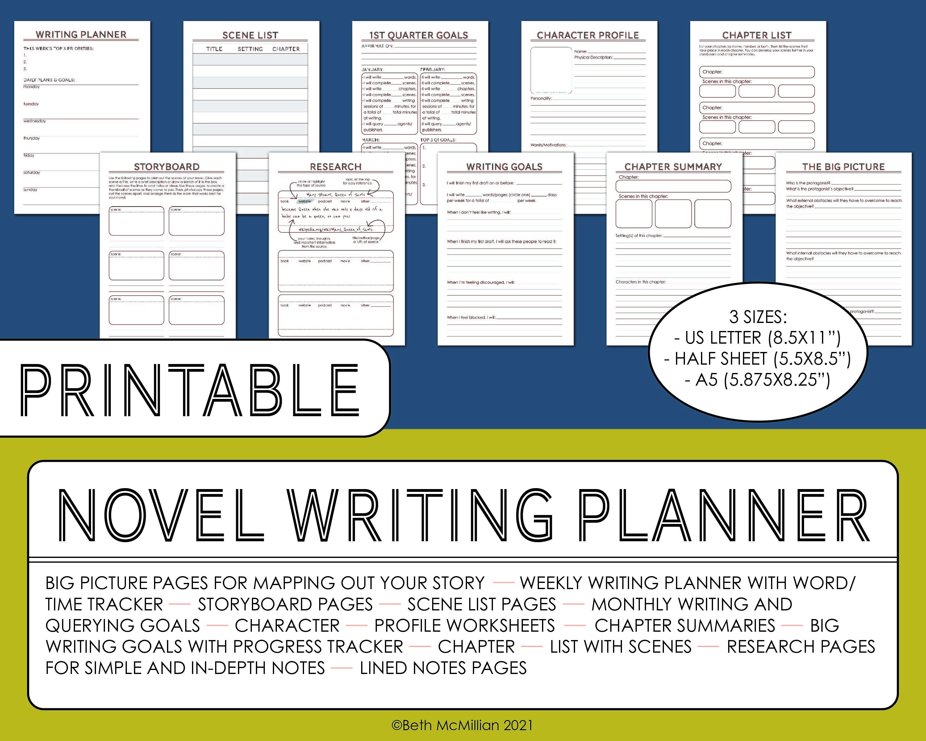 novel writing planner nanowrimo prep worksheets printable etsy