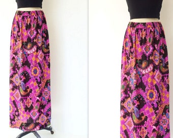 70s Maxi Skirt Floral Maxi Skirt Hawaiian Skirt Psychedelic Skirt Paisley Pink Purple 70s Psychedelic Maxi Medium m