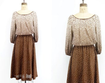 Vintage 70s Dress / Brown Ombre Dress / 70s Peasant Dress / Polka Dot Dress / Boho Dress /  Dolman Dress / Midi Dress  / s / m