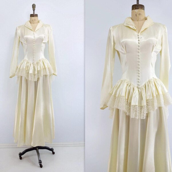 40s Wedding Dress 1940s Wedding Gown Vintage Satin Wedding Dress Cream Wedding Dress Peplum Dress s