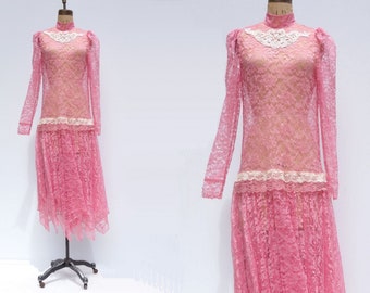 20s Style Dress Flapper Dress Sheer Lace Dress 80s Does 20s High Collar Dress Pink Lace Dress Small S