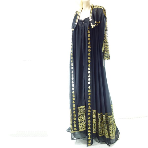 Ethnic Black Dress, Vintage Korean Dress, Sheer Maxi Dress, Traditional Dress, Cropped Jacket, Black and Gold Dress, Vintage Maxi Dress, m