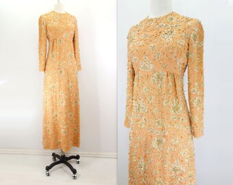 60s Dress Vintage Beaded Dress 1960s Formal Dress Vintage Maxi Dress Peach Dress 60s Mod Dress Sequin Dress Jeweled Dress 60s Formal Gown xs