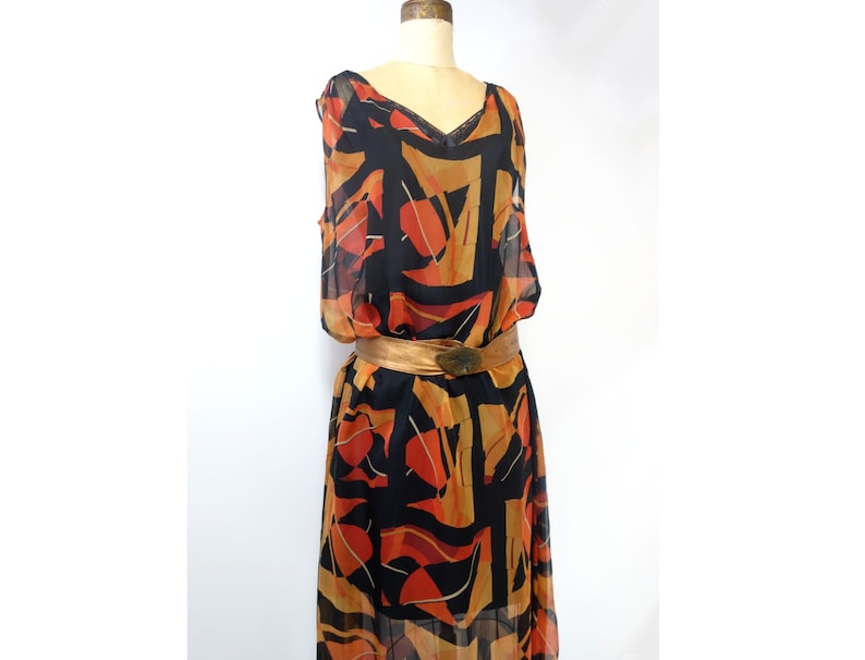 1920s Dress Vintage 20s Silk Chiffon Feather Print Dress Rust Bauhaus Deco Flapper Dress M L