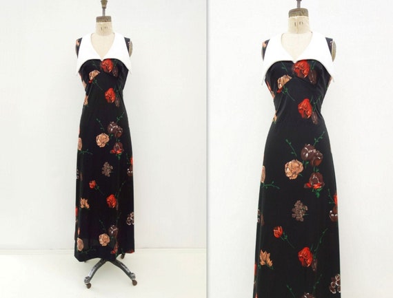 70s Maxi Dress Boho Maxi Dress Black Floral Maxi D
