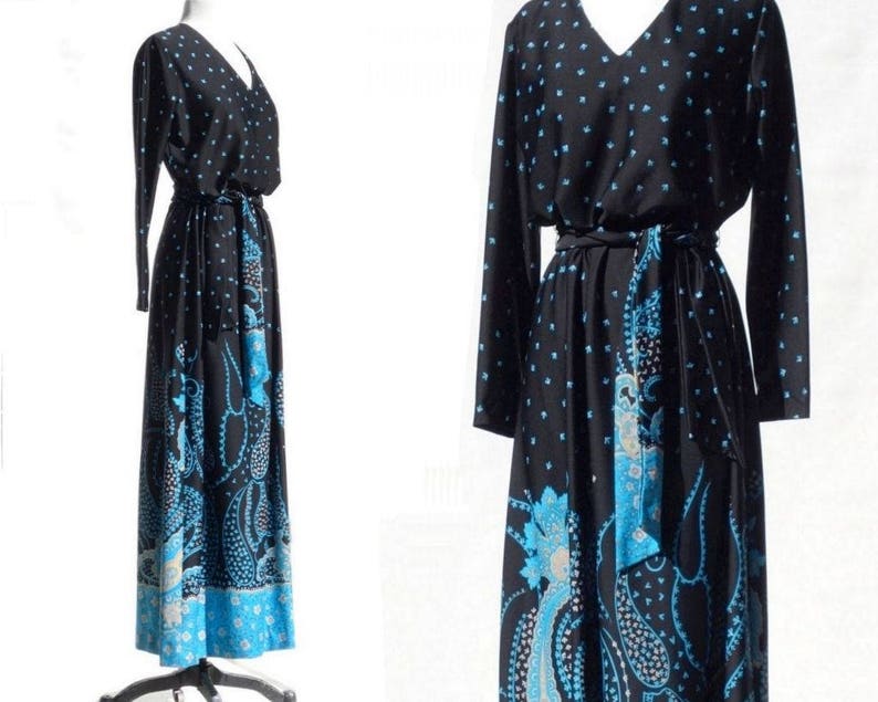 70s Maxi Dress Large Vintage Caftan Dress Long Sleeve Maxi Boho Maxi Dress Turquoise Black m l