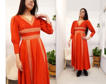 Vintage Red Dress 1970s Dress Vintage Mexican Dress Mexican Dress Puff Sleeve Dress 1970s Midi Dress 70s Vintage Dress 70s Maxi Dress xs