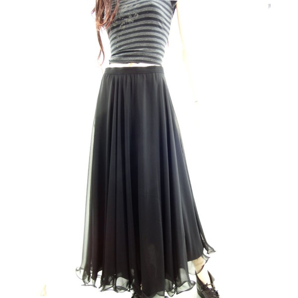 Vintage Long Black Skirt Frank Usher Sheer  Midi 1980s Designer Chiffon Full Skirt / s