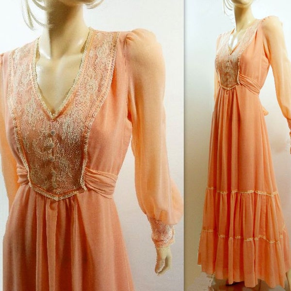 Vintage Maxi Dress Peach Coral Boho Wedding Long Dress Size Small