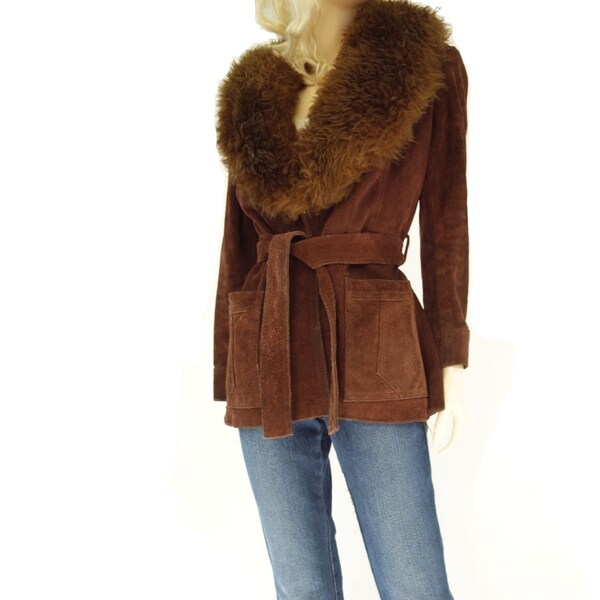 1970s Suede Jacket, Vintage Boho Suede, Fur Collar, Dark Chocolate Coat, Belted Suede Jacket, Shearling Collar, Sheepskin Suede, small