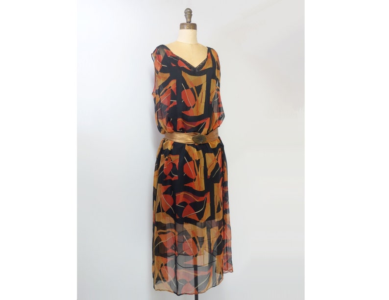 1920s Dress Vintage 20s Silk Chiffon Feather Print Dress Rust Bauhaus Deco Flapper Dress M L