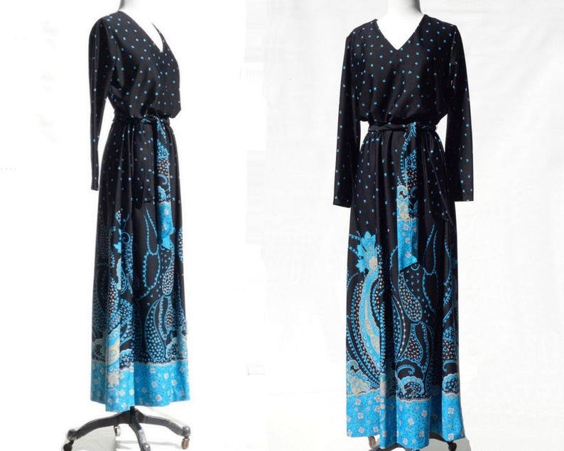 70s Maxi Dress Large Vintage Caftan Dress Long Sleeve Maxi Boho Maxi Dress Turquoise Black m l
