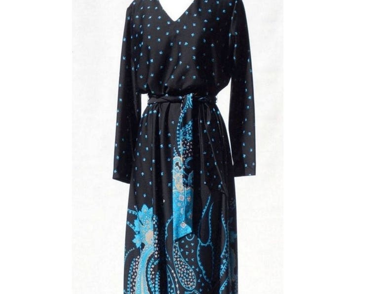 70s Maxi Dress Large Vintage Caftan Dress Long Sleeve Maxi Boho Maxi Dress Turquoise Black m l