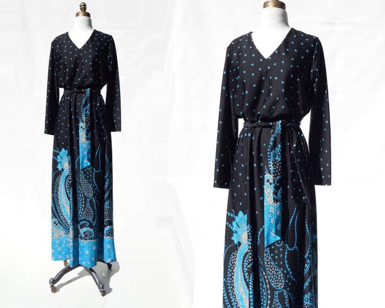 70s Maxi Dress Large Vintage Caftan Dress Long Sleeve Maxi Boho Maxi Dress Turquoise Black m l