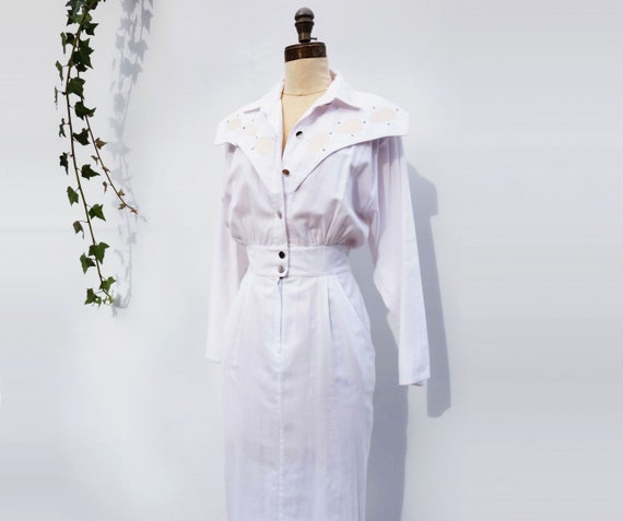 Vintage White Dress 80s Blouson Capelet Dress Wig… - image 7