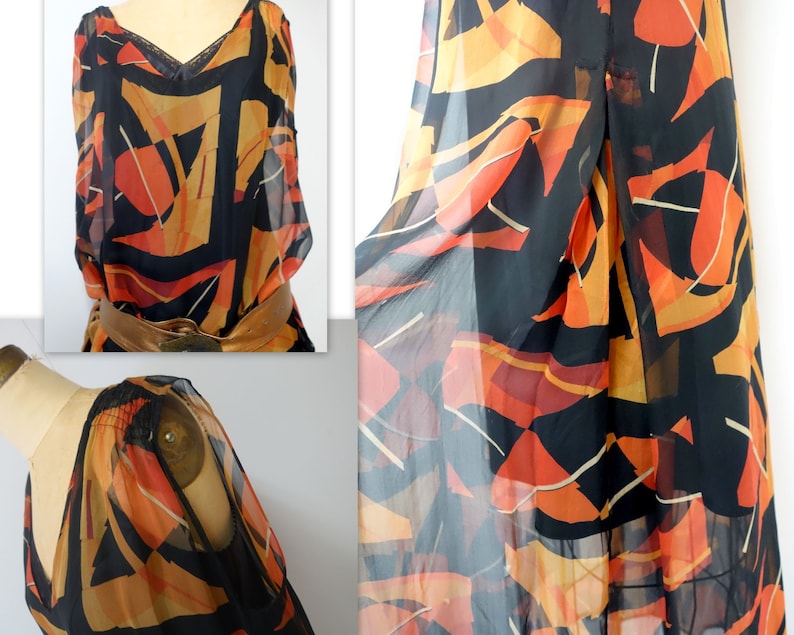 1920s Dress Vintage 20s Silk Chiffon Feather Print Dress Rust Bauhaus Deco Flapper Dress M L