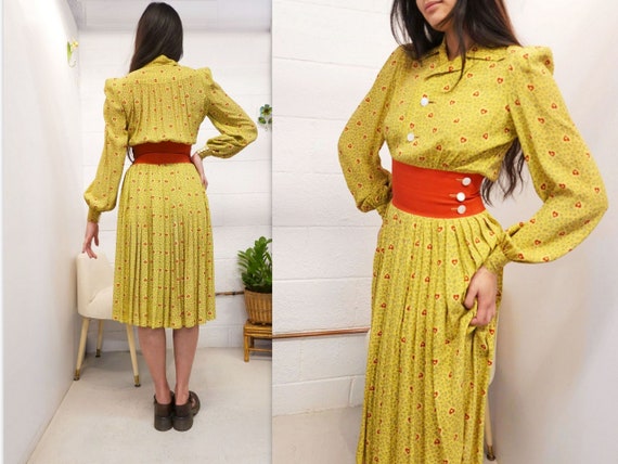 1940s Dress Vintage 40s Dress Mustard Yellow Dres… - image 3