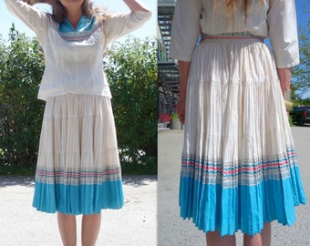 50s Mexican Dress 2 Pc Vintage Mexican 50s Skirt Blouse Set 1950s Dress White Cotton Ric Rac Blue White 50s Mexican Skirt Top Size M