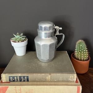 May include: A vintage, silver-toned metal pitcher with a hinged lid and handle sits atop two antique books. A small succulent in a white pot and a cactus in a terracotta pot flank the pitcher. The books have aged covers with text.