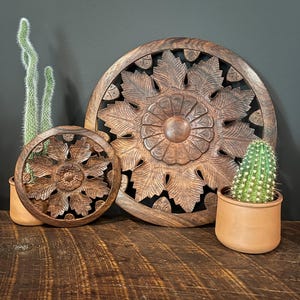 Hand Carved Floral Wood Trivet Pair, Large & Small