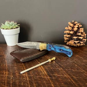 May include: A folding knife with a blue and gold handle, resting on a brown leather sheath. A sharpening steel and a small succulent plant in a white pot are also visible. The knife blade has an etched design.