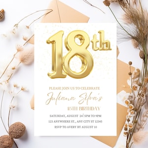 Cartão de convite para festa de aniversário de 18 anos dourado, tema dourado brilhante, convite comemorativo de marco, comemoração de aniversário de oitenta anos chamativa
