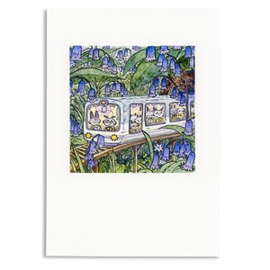 May include: Watercolor illustration of a whimsical train carrying animal passengers through a field of bluebell flowers. The train is light blue with yellow accents, and the animals inside are various colors. The background is lush green foliage.