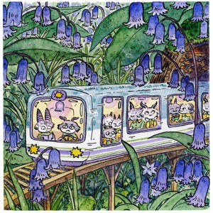 May include: Watercolor illustration of a whimsical train traveling through a forest of bluebell flowers. The train is light blue with purple stripes and carries cartoon animal passengers. The scene is filled with lush green foliage and vibrant blue flowers.