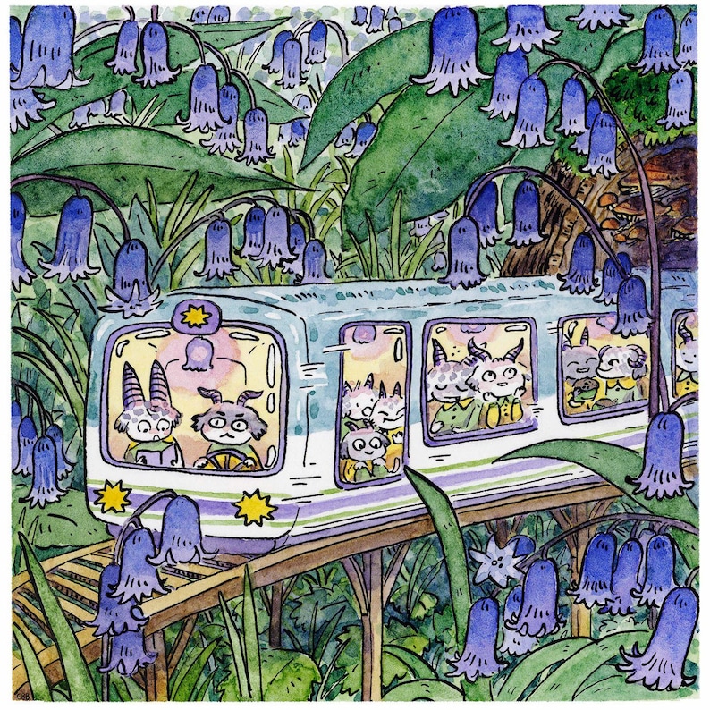 May include: Watercolor illustration of a whimsical train traveling through a forest of bluebell flowers. The train is light blue with purple stripes and carries cartoon animal passengers. The scene is filled with lush green foliage and vibrant blue flowers.