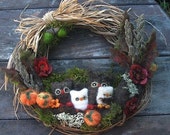 Fall, Thanksgiving, Christmas Owl Woodland Family 12 inch Wreath, Pumpkins, Jingle Bells, Santa Hats Custom Personalized made to order