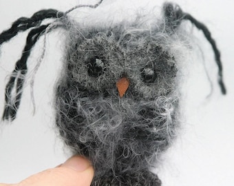 Plush Dark Gray Baby Owl ... knit fuzzy ecofriendly felt wool owl toy (woolcrazy)