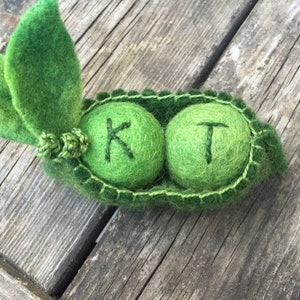 Personalized two peas in a pod green felt wool peas and eco wool pod... loved one Seventh year anniversary gift wool (woolcrazy)