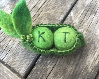 Personalized two peas in a pod green felt wool peas and eco wool pod... loved one Seventh year anniversary gift wool (woolcrazy)