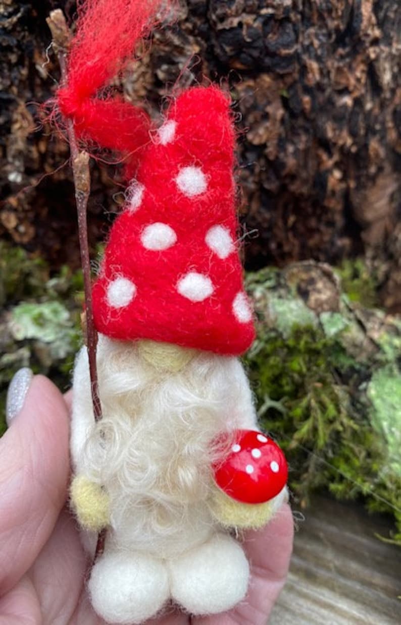 Little Bearded Mushroom Valentine Gnome miniature needle felt 1 gnome made to order woolcrazy image 9