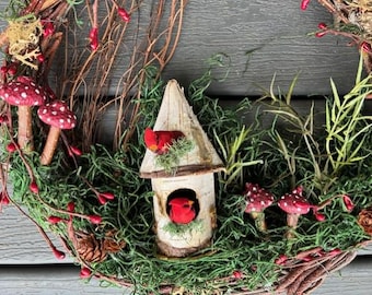 12" Woodland Bird House Grapevine Wreath...  (woolcrazy)