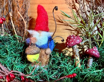 12" Woodland needle felt Gnome with acorn lantern Birch Wreath...  (woolcrazy)