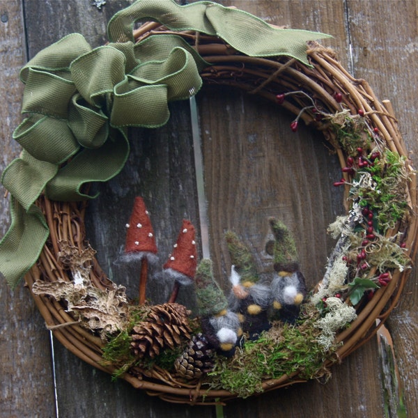 12" Woodland Gnome Grapevine Wreath... Made to order (woolcrazy)