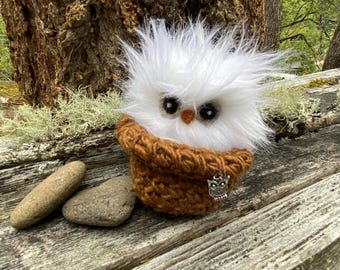 Faux Fur Snowy Owl in Crochet Nest: Stuffed Animal Toy