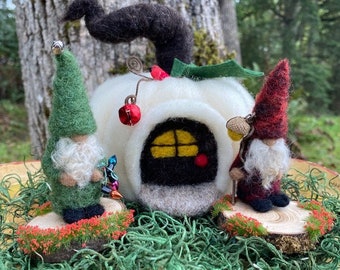 White Holly Pumpkin House, comes with Red and Green Holiday Gnomes as seen in photo (woolcrazy)