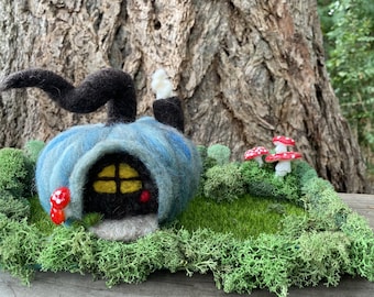 Blue Pumpkin House fall autumn decoration with mushrooms (made to order) (woolcrazy)