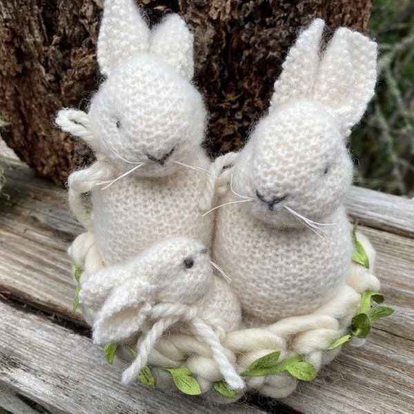 Cashmere Bunny Family eco friendly hand sewn creamy white color parents and baby with embroidered features  (woolcrazy)