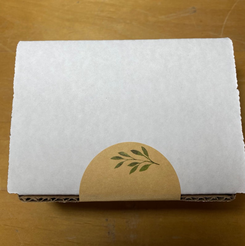 May include: A white cardboard box with a brown half-circle sticker featuring a green leaf design.