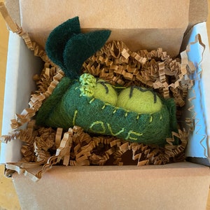 May include: A green felt pea pod with a stitched design that says "LOVE" inside a brown cardboard box with brown paper packing peanuts.