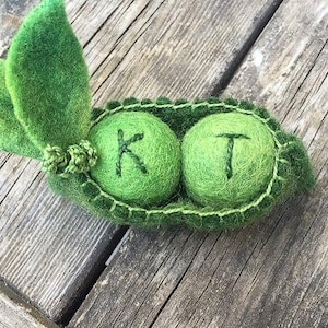 Personalized two peas in a pod, peas and pod green felt wool. Loved one Seventh year anniversary gift wool (woolcrazy)  3 inches top length.
