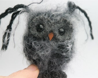 Plush Dark Gray Baby Owl ... knit fuzzy ecofriendly felt wool owl toy (woolcrazy)