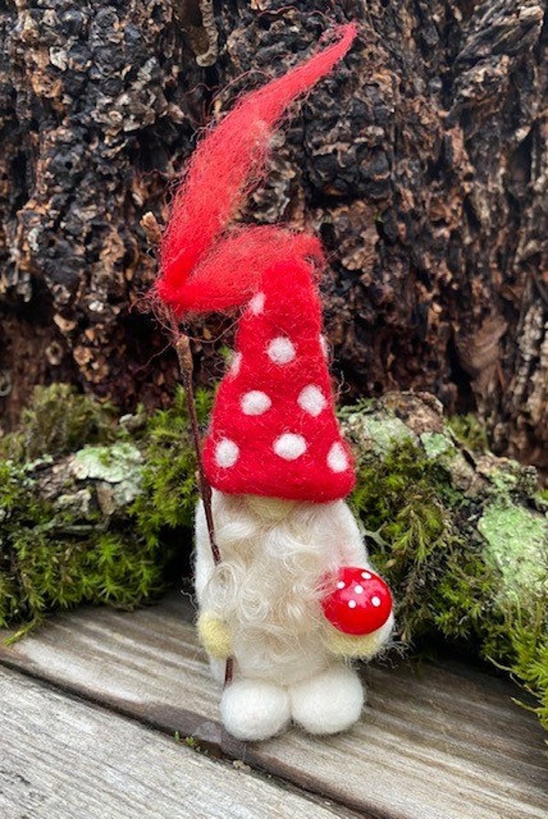 Little Bearded Mushroom Valentine Gnome miniature needle felt 1 gnome made to order woolcrazy image 7