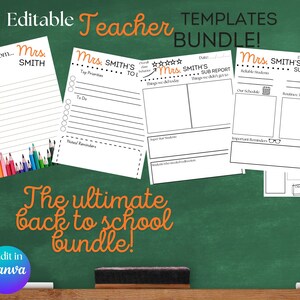 Puede incluir: Paquete de plantillas de profesor editables. Cuatro hojas de trabajo imprimibles con el texto "Mrs. Smith's" y "Editable Teacher Templates Bundle!" ¡El paquete definitivo para la vuelta al cole! Editar en Canva.