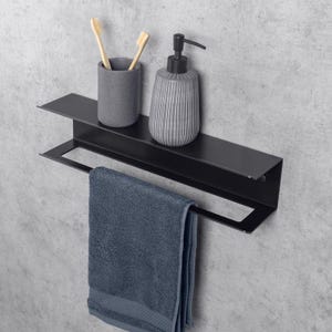 Modern Self-Adhesive Floating Shelf with Towel Rack – Minimalist Metal Bathroom Storage, Rust-Free and Space-Saving