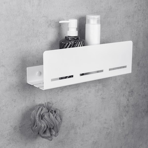 Organiseur d&#39;étagère de salle de bain blanc, étagère murale de salle de bain minimaliste, organisateur en métal blanc chic, étagère en métal pour accessoires de salle de bain